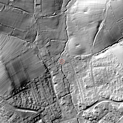 Shaded relief map of the ground around ST119SF, computed from Environment Agency LiDAR. The ground here sits at about 177 m above sea level and falls 29 m across the surrounding 800 m. Surface water reaching this point runs off ground lying to the north-east, 25.1 m higher.