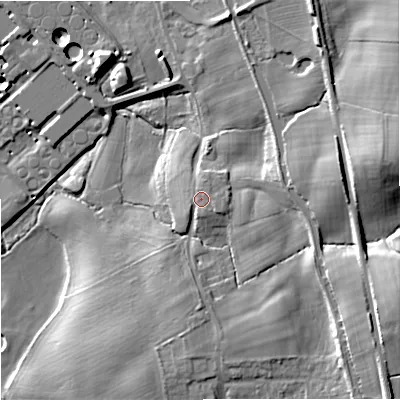 Shaded relief map of the ground around ST129EN, computed from Environment Agency LiDAR. The ground here sits at about 102 m above sea level and falls 26 m across the surrounding 800 m. Surface water reaching this point runs off ground lying to the east-south-east, 1.8 m higher.