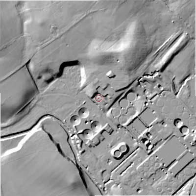 Shaded relief map of the ground around ST129FA, computed from Environment Agency LiDAR. The ground here sits at about 96 m above sea level and falls 19 m across the surrounding 800 m. Surface water reaching this point runs off ground lying to the north-east, 11.3 m higher.
