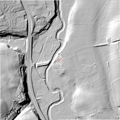 Shaded relief map of the ground around ST129HG, computed from Environment Agency LiDAR. The ground here sits at about 95 m above sea level and falls 41 m across the surrounding 800 m. Surface water reaching this point runs off ground lying to the east-north-east, 3.4 m higher.