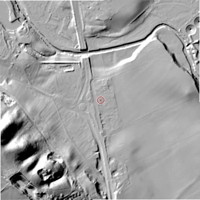 Shaded relief map of the ground around ST129HR, computed from Environment Agency LiDAR. The ground here sits at about 96 m above sea level and falls 72 m across the surrounding 800 m. Surface water reaching this point runs off ground lying to the south, 2.5 m higher.