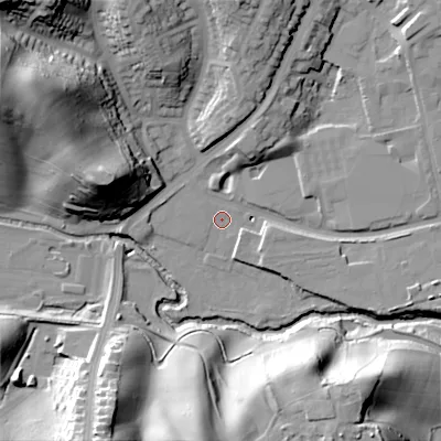 Shaded relief map of the ground around ST135RJ, computed from Environment Agency LiDAR. The ground here sits at about 145 m above sea level and falls 41 m across the surrounding 800 m. Surface water reaching this point runs off ground lying to the west-north-west, 40.5 m higher.