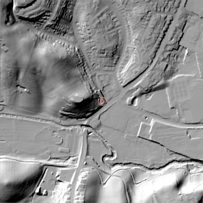 Shaded relief map of the ground around ST137AA, computed from Environment Agency LiDAR. The ground here sits at about 150 m above sea level and falls 55 m across the surrounding 800 m. Surface water reaching this point runs off ground lying to the west, 27.3 m higher.