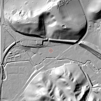 Shaded relief map of the ground around ST137AP, computed from Environment Agency LiDAR. The ground here sits at about 143 m above sea level and falls 50 m across the surrounding 800 m. Surface water reaching this point runs off ground lying to the north-north-east, 42.3 m higher.