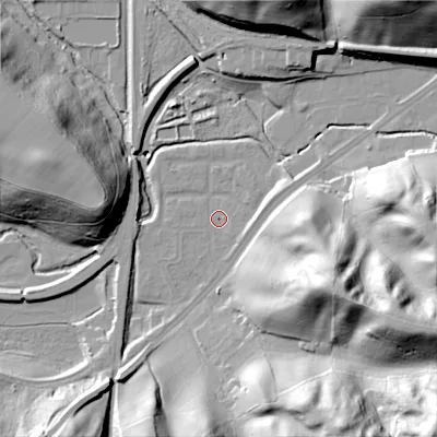 Shaded relief map of the ground around ST137AR, computed from Environment Agency LiDAR. The ground here sits at about 142 m above sea level and falls 55 m across the surrounding 800 m. Surface water reaching this point runs off ground lying to the south-east, 49.9 m higher.