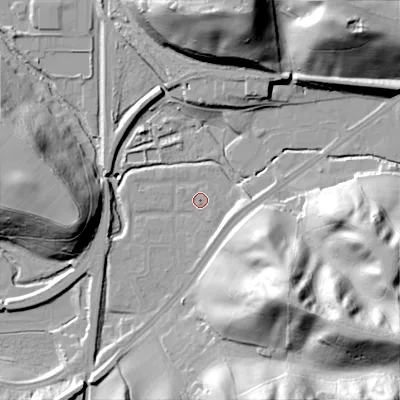 Shaded relief map of the ground around ST137AS, computed from Environment Agency LiDAR. The ground here sits at about 142 m above sea level and falls 50 m across the surrounding 800 m. Surface water reaching this point runs off ground lying to the south-east, 44.6 m higher.