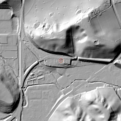 Shaded relief map of the ground around ST137AU, computed from Environment Agency LiDAR. The ground here sits at about 151 m above sea level and falls 50 m across the surrounding 800 m. Surface water reaching this point runs off ground lying to the north, 25.6 m higher.