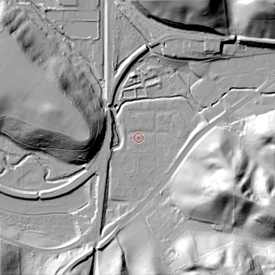 Shaded relief map of the ground around ST137AX, computed from Environment Agency LiDAR. The ground here sits at about 142 m above sea level and falls 50 m across the surrounding 800 m. Surface water reaching this point runs off ground lying to the east-south-east, 44.3 m higher.