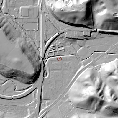 Shaded relief map of the ground around ST137AZ, computed from Environment Agency LiDAR. The ground here sits at about 142 m above sea level and falls 50 m across the surrounding 800 m. Surface water reaching this point runs off ground lying to the south-east, 44.9 m higher.