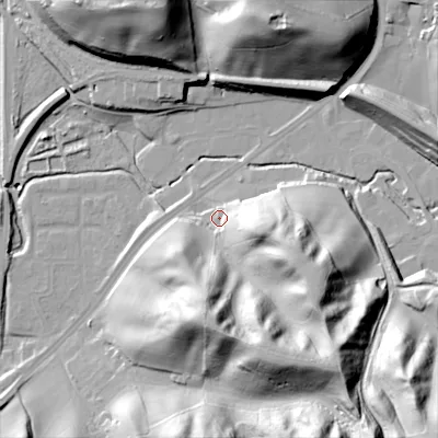 Shaded relief map of the ground around ST137DR, computed from Environment Agency LiDAR. The ground here sits at about 147 m above sea level and falls 57 m across the surrounding 800 m. Surface water reaching this point runs off ground lying to the south-east, 41.1 m higher.