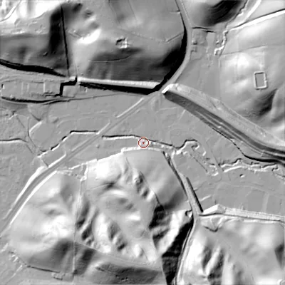 Shaded relief map of the ground around ST137DT, computed from Environment Agency LiDAR. The ground here sits at about 147 m above sea level and falls 50 m across the surrounding 800 m. Surface water reaching this point runs off ground lying to the south-south-east, 46.9 m higher.