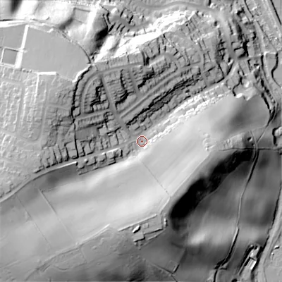 Shaded relief map of the ground around ST137EQ, computed from Environment Agency LiDAR. The ground here sits at about 169 m above sea level and falls 67 m across the surrounding 800 m. Surface water reaching this point runs off ground lying to the south-west, 32.5 m higher.