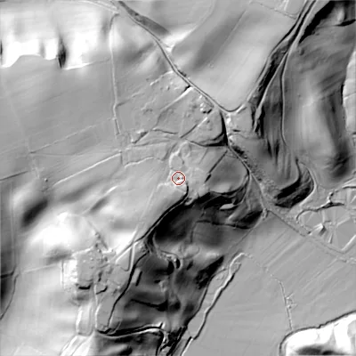 Shaded relief map of the ground around ST137ER, computed from Environment Agency LiDAR. The ground here sits at about 181 m above sea level and falls 56 m across the surrounding 800 m. Surface water reaching this point runs off ground lying to the south-south-west, 5.4 m higher.