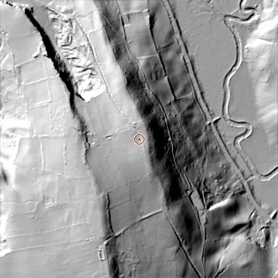 Shaded relief map of the ground around ST137JS, computed from Environment Agency LiDAR. The ground here sits at about 212 m above sea level and falls 84 m across the surrounding 800 m. Surface water reaching this point runs off ground lying to the east-south-east, 3.4 m higher.