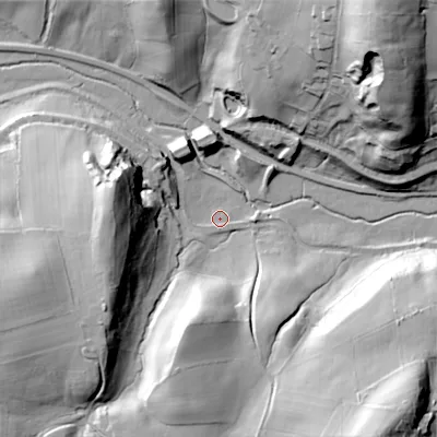Shaded relief map of the ground around ST137JT, computed from Environment Agency LiDAR. The ground here sits at about 140 m above sea level and falls 60 m across the surrounding 800 m. Surface water reaching this point runs off ground lying to the south-south-east, 39.4 m higher.