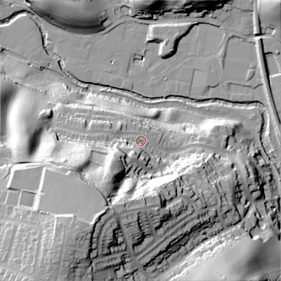 Shaded relief map of the ground around ST137NS, computed from Environment Agency LiDAR. The ground here sits at about 152 m above sea level and falls 63 m across the surrounding 800 m. Surface water reaching this point runs off ground lying to the south-west, 44.7 m higher.