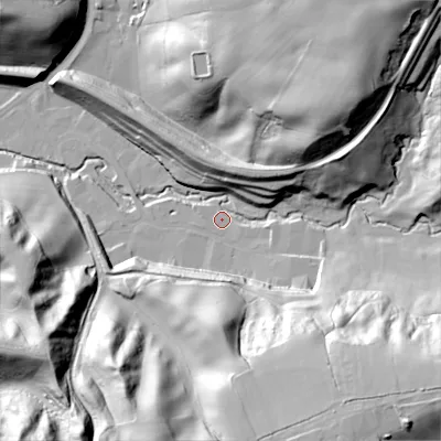 Shaded relief map of the ground around ST137QF, computed from Environment Agency LiDAR. The ground here sits at about 152 m above sea level and falls 58 m across the surrounding 800 m. Surface water reaching this point runs off ground lying to the south-east, 50.2 m higher.