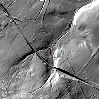 Shaded relief map of the ground around ST137QT, computed from Environment Agency LiDAR. The ground here sits at about 265 m above sea level and falls 82 m across the surrounding 800 m. Surface water reaching this point runs off ground lying to the west, 13.1 m higher.