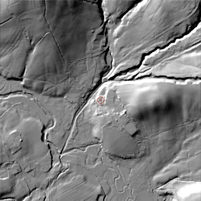 Shaded relief map of the ground around ST137RG, computed from Environment Agency LiDAR. The ground here sits at about 287 m above sea level and falls 51 m across the surrounding 800 m. Surface water reaching this point runs off ground lying to the east, 21.7 m higher.