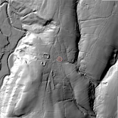 Shaded relief map of the ground around ST137RL, computed from Environment Agency LiDAR. The ground here sits at about 287 m above sea level and falls 68 m across the surrounding 800 m. Surface water reaching this point runs off ground lying to the north, 15.8 m higher.