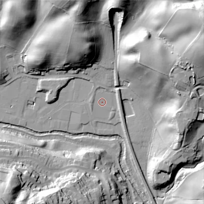 Shaded relief map of the ground around ST137RS, computed from Environment Agency LiDAR. The ground here sits at about 137 m above sea level and falls 56 m across the surrounding 800 m. Surface water reaching this point runs off ground lying to the west, 1.3 m higher.