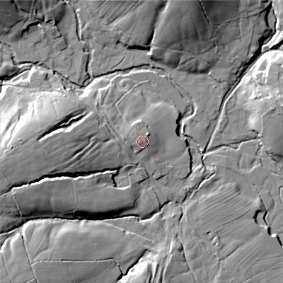Shaded relief map of the ground around ST137RU, computed from Environment Agency LiDAR. The ground here sits at about 289 m above sea level and falls 41 m across the surrounding 800 m. Surface water reaching this point runs off ground lying to the west, 2.1 m higher.