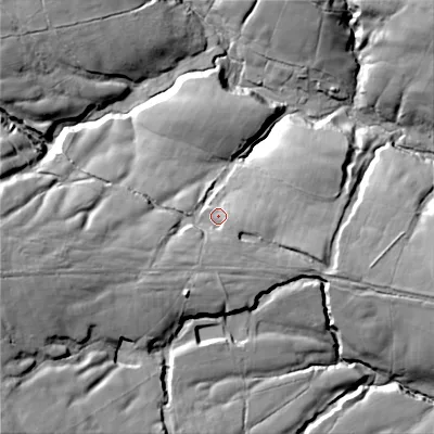 Shaded relief map of the ground around ST137SJ, computed from Environment Agency LiDAR. The ground here sits at about 332 m above sea level and falls 94 m across the surrounding 800 m. Surface water reaching this point runs off ground lying to the south-west, 17.0 m higher.