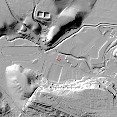 Shaded relief map of the ground around ST138LD, computed from Environment Agency LiDAR. The ground here sits at about 155 m above sea level and falls 34 m across the surrounding 800 m. Surface water reaching this point runs off ground lying to the north-west, 0.9 m higher.