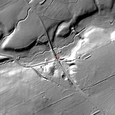 Shaded relief map of the ground around ST138PE, computed from Environment Agency LiDAR. The ground here sits at about 157 m above sea level and falls 27 m across the surrounding 800 m. Surface water reaching this point runs off ground lying to the south-east, 23.6 m higher.