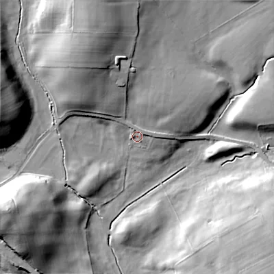 Shaded relief map of the ground around ST138PF, computed from Environment Agency LiDAR. The ground here sits at about 156 m above sea level and falls 26 m across the surrounding 800 m. Surface water reaching this point runs off ground lying to the north-north-east, 5.2 m higher.