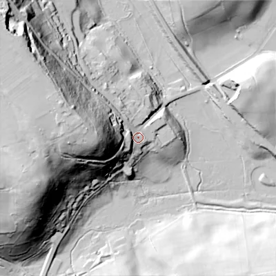 Shaded relief map of the ground around ST138PG, computed from Environment Agency LiDAR. The ground here sits at about 167 m above sea level and falls 69 m across the surrounding 800 m. Surface water reaching this point runs off ground lying to the west, 44.4 m higher.