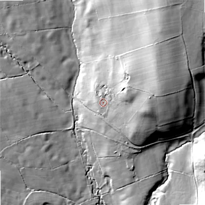 Shaded relief map of the ground around ST138RA, computed from Environment Agency LiDAR. The ground here sits at about 200 m above sea level and falls 41 m across the surrounding 800 m. Surface water reaching this point runs off ground lying to the east-north-east, 15.6 m higher.