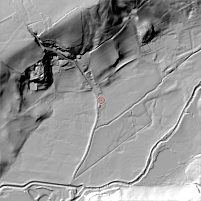 Shaded relief map of the ground around ST138SA, computed from Environment Agency LiDAR. The ground here sits at about 157 m above sea level and falls 53 m across the surrounding 800 m. Surface water reaching this point runs off ground lying to the north, 48.7 m higher.