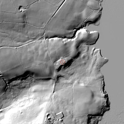 Shaded relief map of the ground around ST138SH, computed from Environment Agency LiDAR. The ground here sits at about 215 m above sea level and falls 43 m across the surrounding 800 m. Surface water reaching this point runs off ground lying to the west, 17.3 m higher.