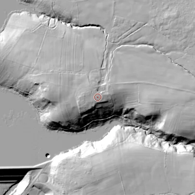 Shaded relief map of the ground around ST138TJ, computed from Environment Agency LiDAR. The ground here sits at about 226 m above sea level and falls 63 m across the surrounding 800 m. Surface water reaching this point runs off ground lying to the north-north-west, 2.5 m higher.
