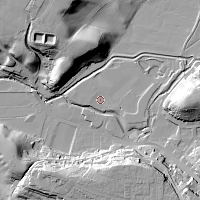 Shaded relief map of the ground around ST138YH, computed from Environment Agency LiDAR. The ground here sits at about 155 m above sea level and falls 35 m across the surrounding 800 m. Surface water reaching this point runs off ground lying to the east-south-east, 3.6 m higher.