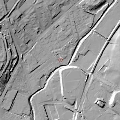 Shaded relief map of the ground around ST13HP, computed from Environment Agency LiDAR. The ground here sits at about 114 m above sea level and falls 27 m across the surrounding 800 m. Surface water reaching this point runs off ground lying to the north-north-east, 2.0 m higher.