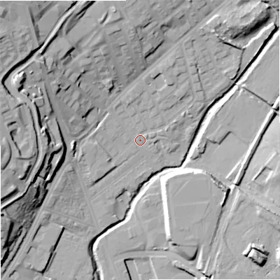 Shaded relief map of the ground around ST13HT, computed from Environment Agency LiDAR. The ground here sits at about 115 m above sea level and falls 30 m across the surrounding 800 m. Surface water reaching this point runs off ground lying to the north-west, 25.5 m higher.