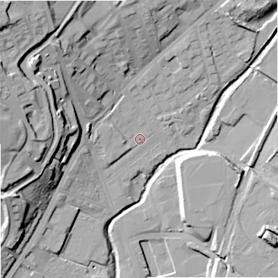 Shaded relief map of the ground around ST13JA, computed from Environment Agency LiDAR. The ground here sits at about 115 m above sea level and falls 32 m across the surrounding 800 m. Surface water reaching this point runs off ground lying to the west-north-west, 17.8 m higher.