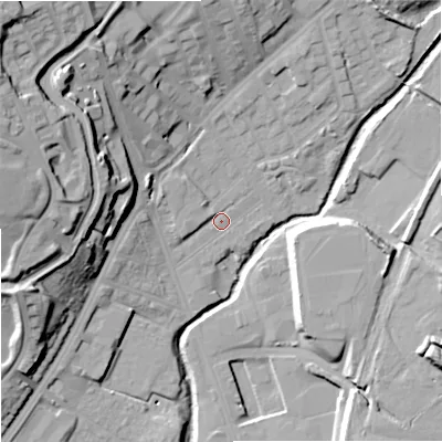 Shaded relief map of the ground around ST13JB, computed from Environment Agency LiDAR. The ground here sits at about 115 m above sea level and falls 33 m across the surrounding 800 m. Surface water reaching this point runs off ground lying to the west-north-west, 17.8 m higher.