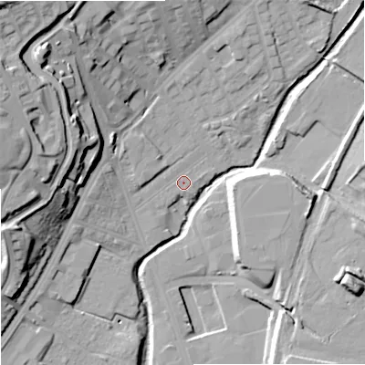Shaded relief map of the ground around ST13JD, computed from Environment Agency LiDAR. The ground here sits at about 114 m above sea level and falls 32 m across the surrounding 800 m. Surface water reaching this point runs off ground lying to the west-south-west, 0.9 m higher.