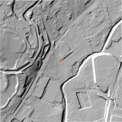 Shaded relief map of the ground around ST13JE, computed from Environment Agency LiDAR. The ground here sits at about 115 m above sea level and falls 36 m across the surrounding 800 m. Surface water reaching this point runs off ground lying to the west-north-west, 30.7 m higher.