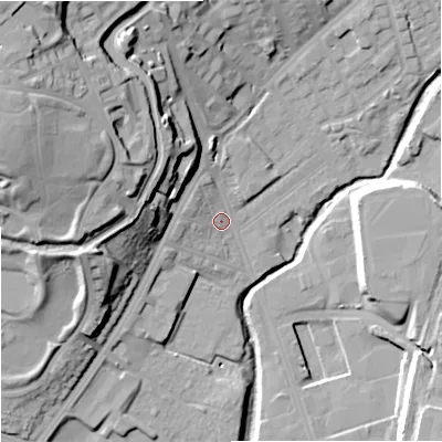 Shaded relief map of the ground around ST13JF, computed from Environment Agency LiDAR. The ground here sits at about 116 m above sea level and falls 36 m across the surrounding 800 m. Surface water reaching this point runs off ground lying to the west-north-west, 31.2 m higher.