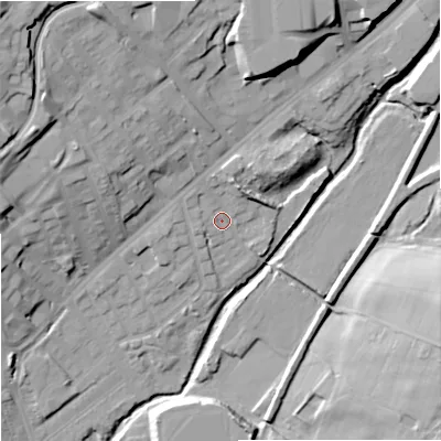 Shaded relief map of the ground around ST13NH, computed from Environment Agency LiDAR. The ground here sits at about 118 m above sea level and falls 27 m across the surrounding 800 m. Surface water reaching this point runs off ground lying to the north-east, 5.9 m higher.