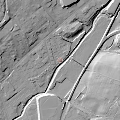 Shaded relief map of the ground around ST13PB, computed from Environment Agency LiDAR. The ground here sits at about 117 m above sea level and falls 25 m across the surrounding 800 m. Surface water reaching this point runs off ground lying to the north-north-east, 7.0 m higher.
