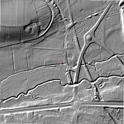Shaded relief map of the ground around ST145AD, computed from Environment Agency LiDAR. The ground here sits at about 84 m above sea level and falls 19 m across the surrounding 800 m. Surface water reaching this point runs off ground lying to the west-north-west, 15.9 m higher.