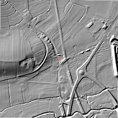 Shaded relief map of the ground around ST145AE, computed from Environment Agency LiDAR. The ground here sits at about 85 m above sea level and falls 18 m across the surrounding 800 m. Surface water reaching this point runs off ground lying to the west, 14.3 m higher.