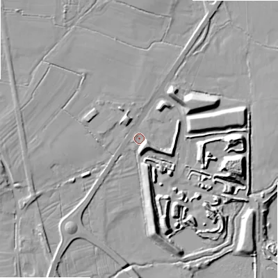 Shaded relief map of the ground around ST145AP, computed from Environment Agency LiDAR. The ground here sits at about 83 m above sea level and falls 14 m across the surrounding 800 m. Surface water reaching this point runs off ground lying to the south-east, 4.9 m higher.