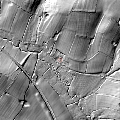 Shaded relief map of the ground around ST145BJ, computed from Environment Agency LiDAR. The ground here sits at about 111 m above sea level and falls 31 m across the surrounding 800 m. Surface water reaching this point runs off ground lying to the north-north-east, 20.9 m higher.