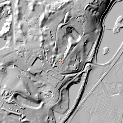 Shaded relief map of the ground around ST145BW, computed from Environment Agency LiDAR. The ground here sits at about 105 m above sea level and falls 36 m across the surrounding 800 m. Surface water reaching this point runs off ground lying to the west, 3.1 m higher.